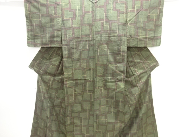 アンティーク　幾何学模様織り出し十日町紬着物